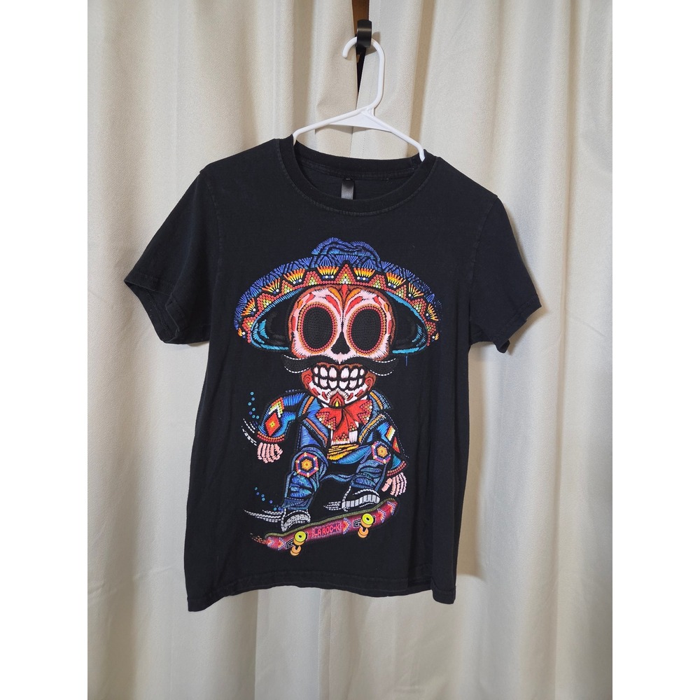 Codigo Cotton Mens Black Calavera Sugar Skull Skateboard Graphic T Small